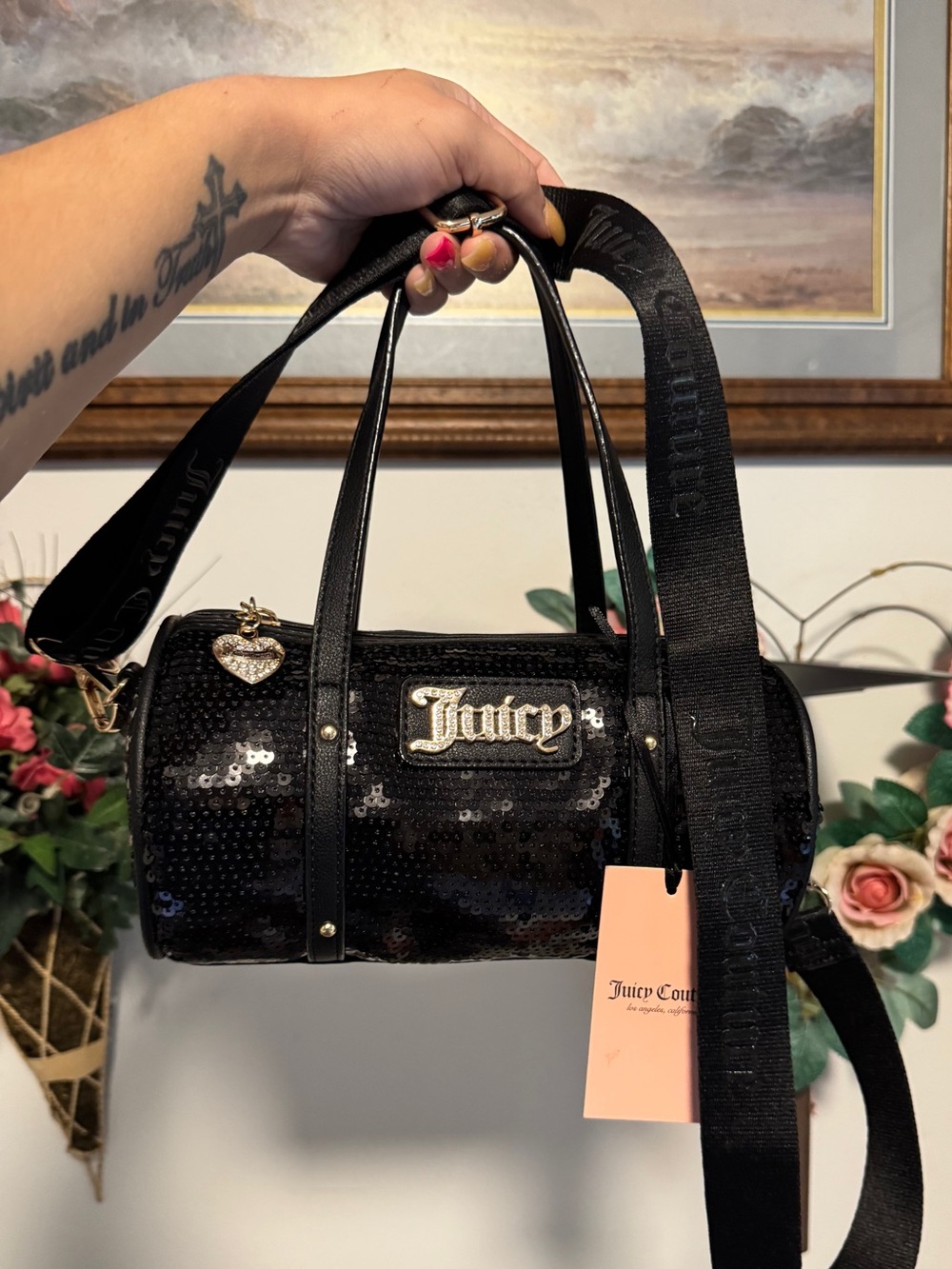 Juicy Couture New Black Sequin “Queen of Everything” Mini Barrel Bag w Longstrap